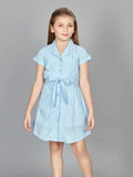 Solid Light Blue Casual Shirt Dress with Waist Tie-Up for Girls