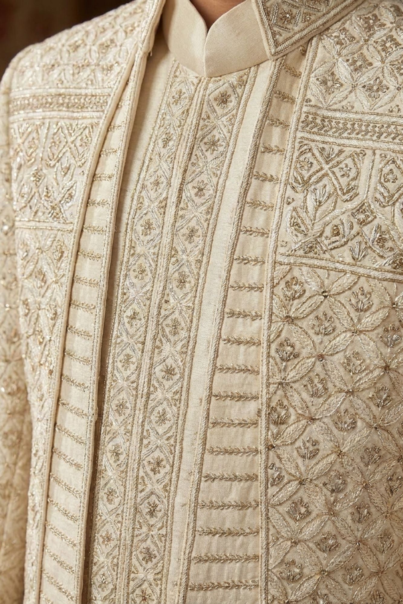 Ivory Embroidered Indo Western Sherwani Set For Boys