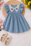 Girls Blue Lace Collar Floral Applique Yoke Frock