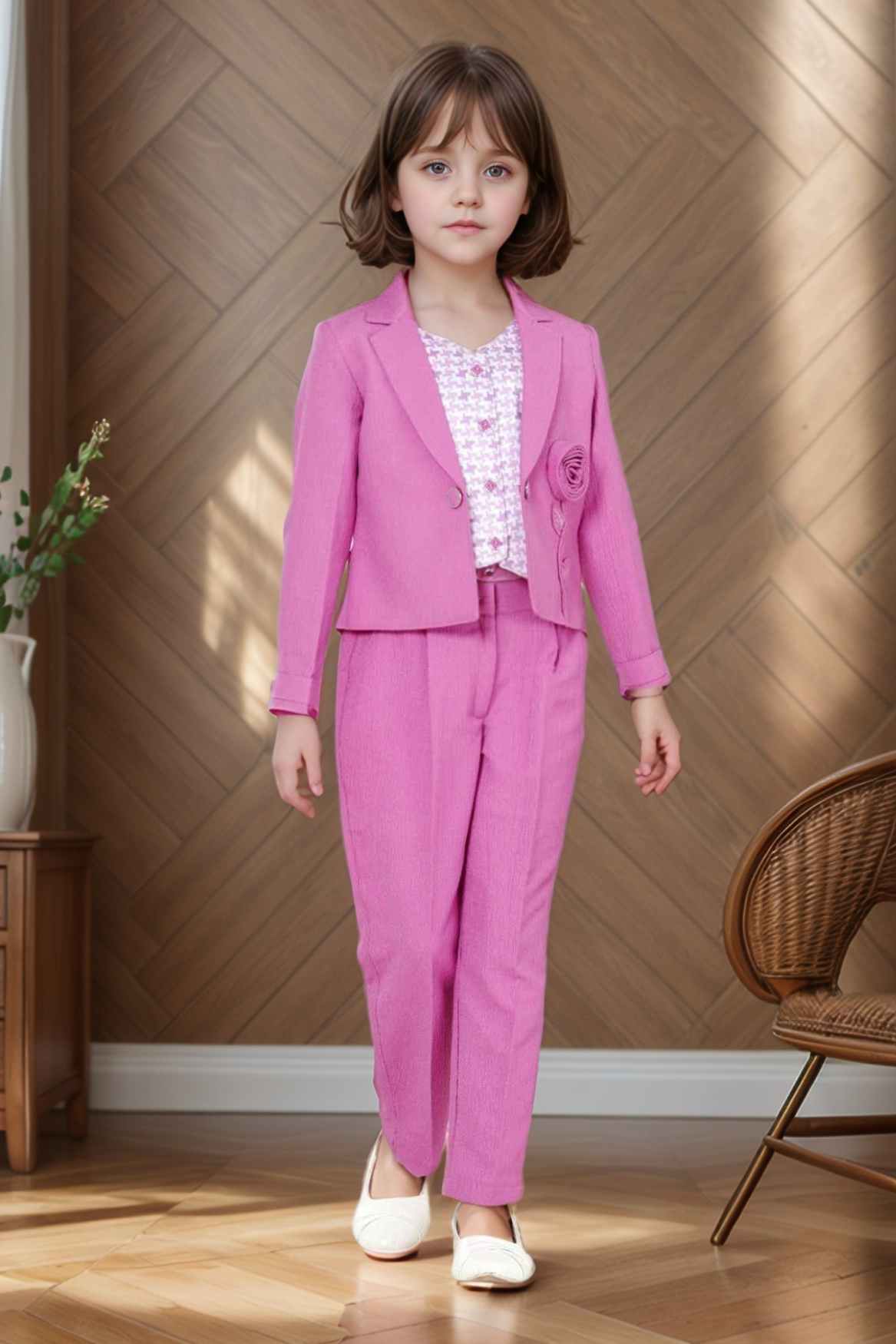 Stylish Lavender Blazer And Pant With Houndstooth Printed Top Set For Girls