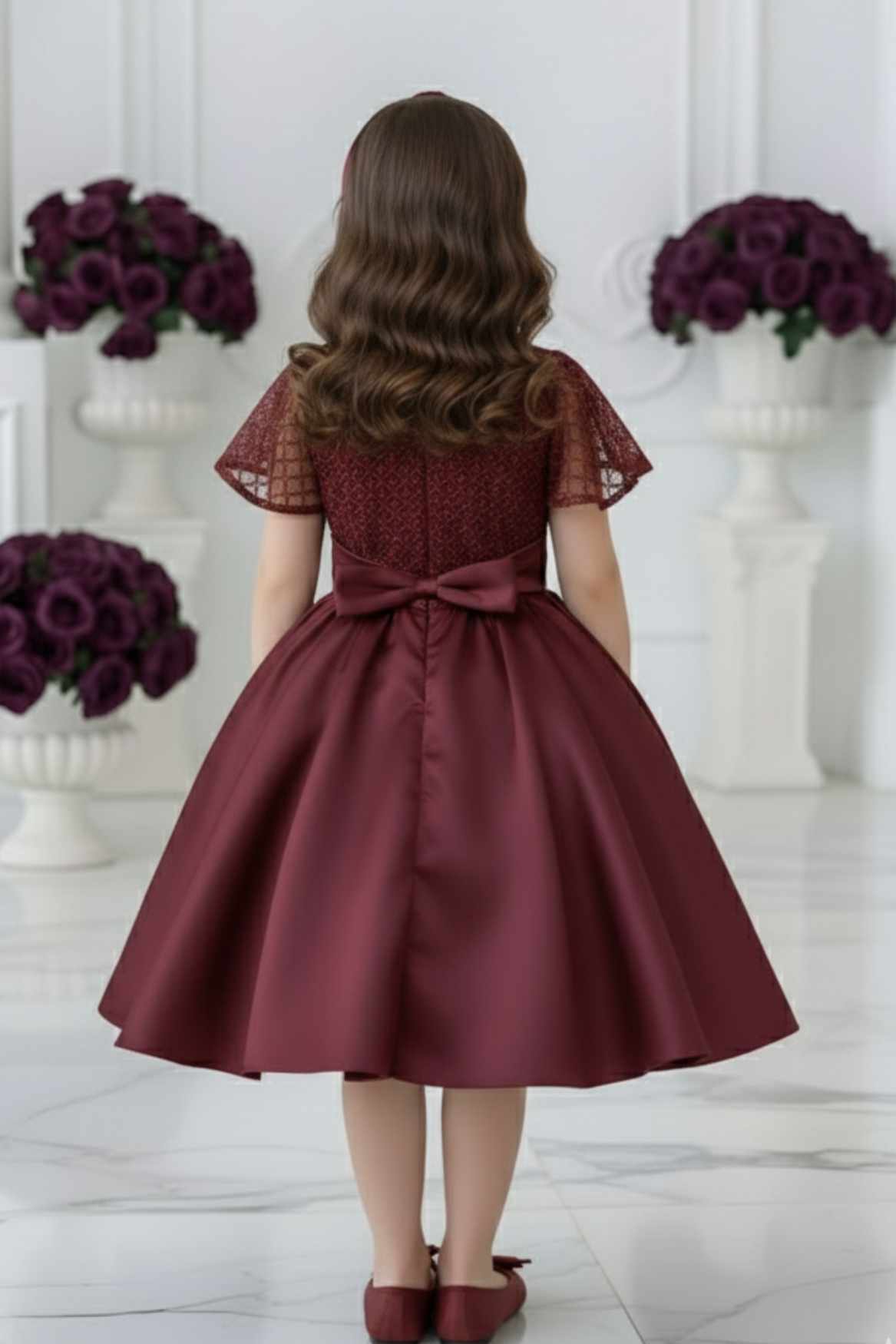 Maroon Embellished Party Wear Frock with Bow Waist Accent For Girls