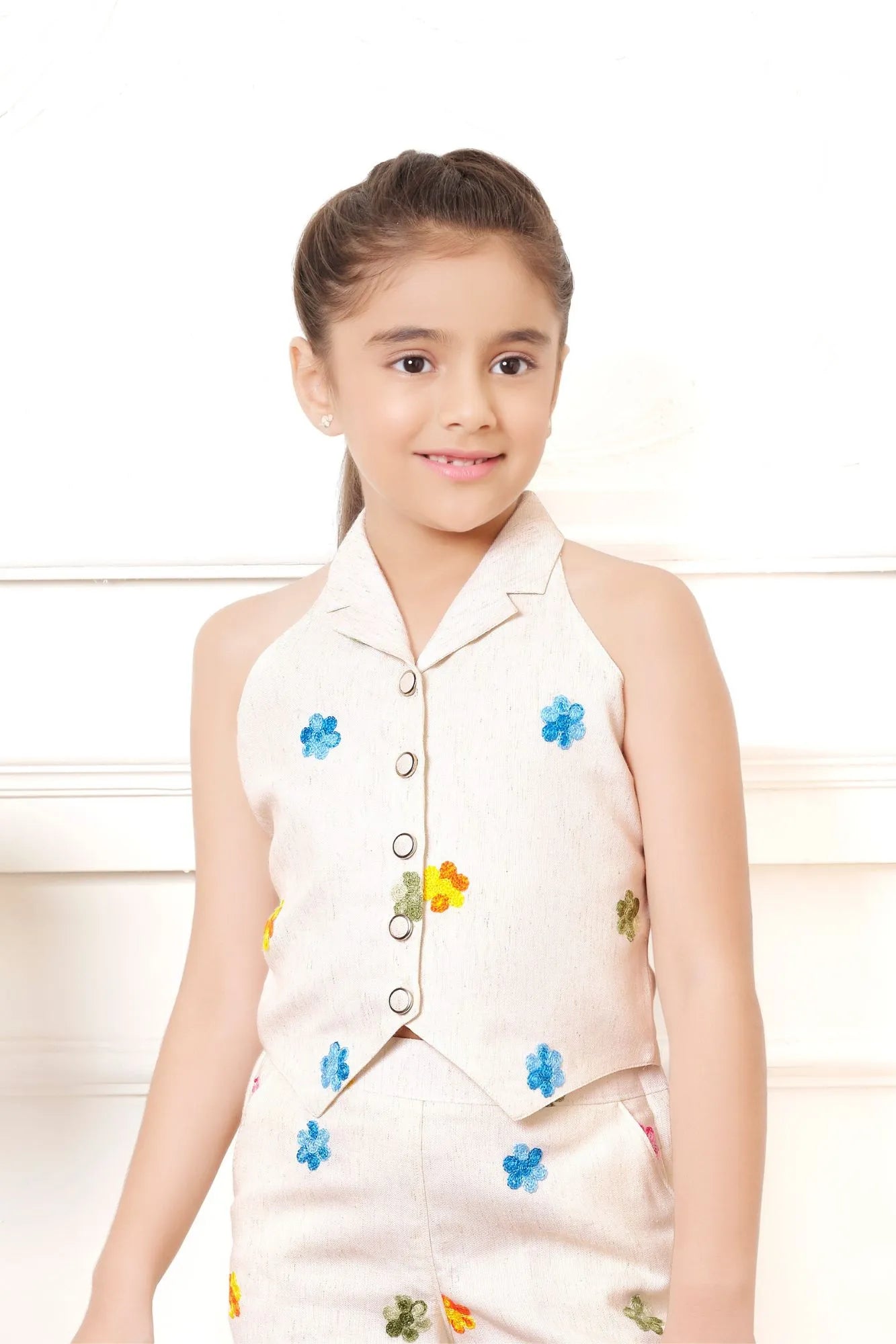 Cream Floral Embroidered Halter Co-ord Set for Girls