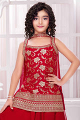 Elegant Red Embroidered Palazzo Set With Dupatta For Girls