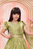 Olive Green Silk Ethnic Gown For Girls