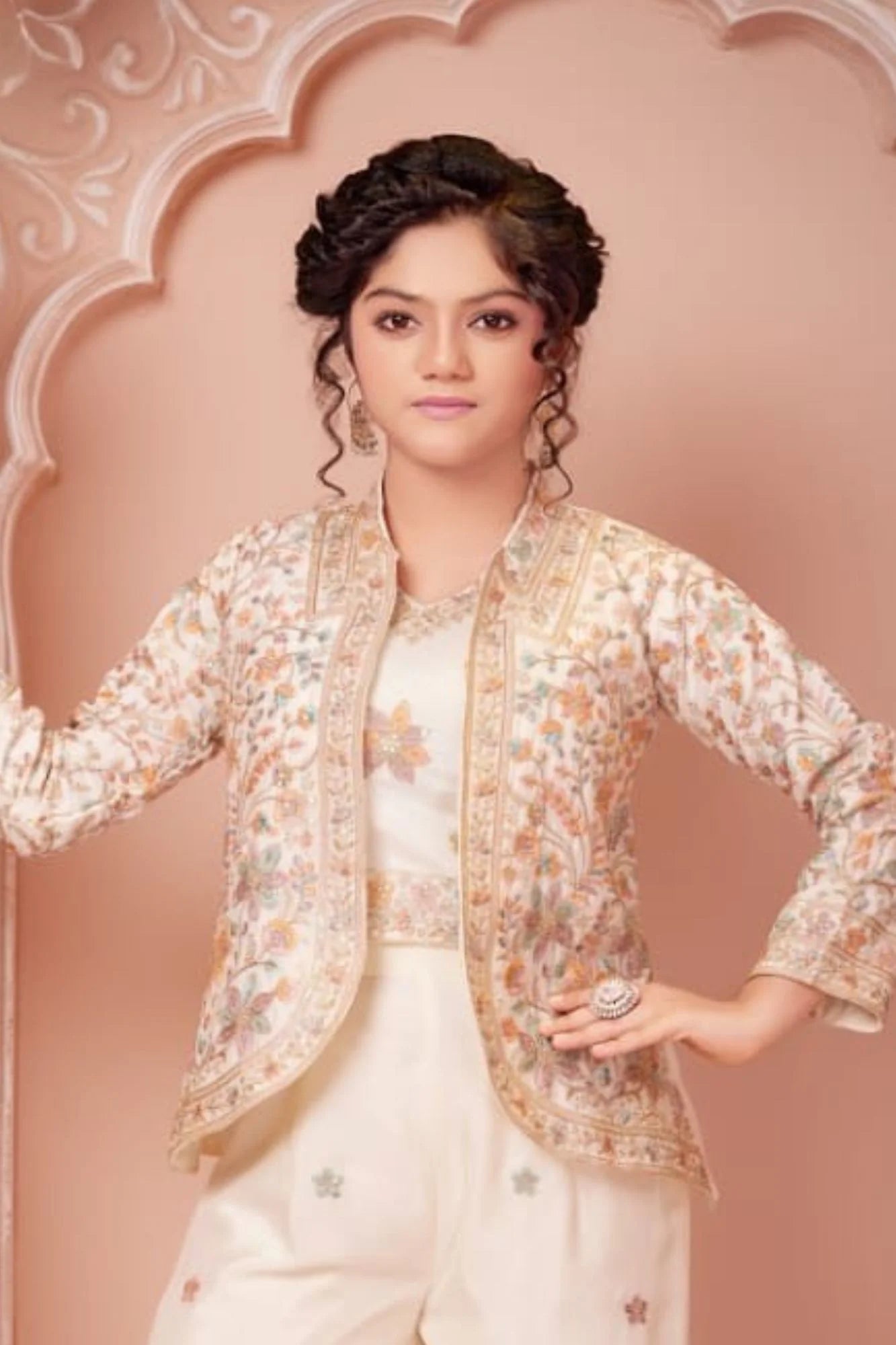 Cream Floral Embroidered Ethnic Co-Ord Set with Jacket for Girls