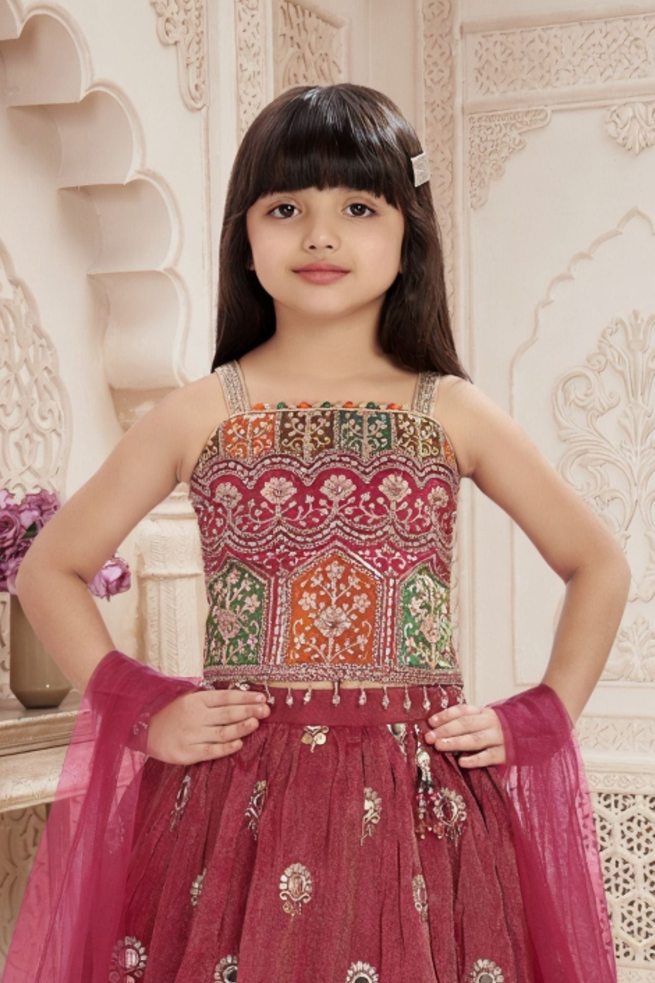 Pink Embroidered Lehenga Choli Set for Girls
