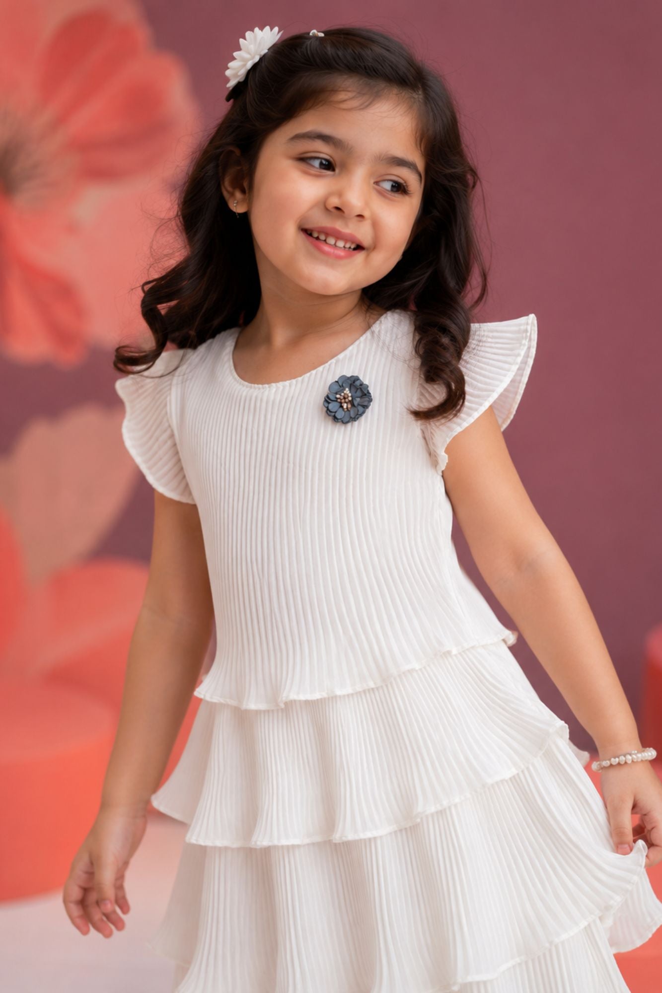 White Pleated Tiered  Frock
