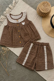 Adorable Girls Brown Checked Top & Shorts Set with Ruffle Collar