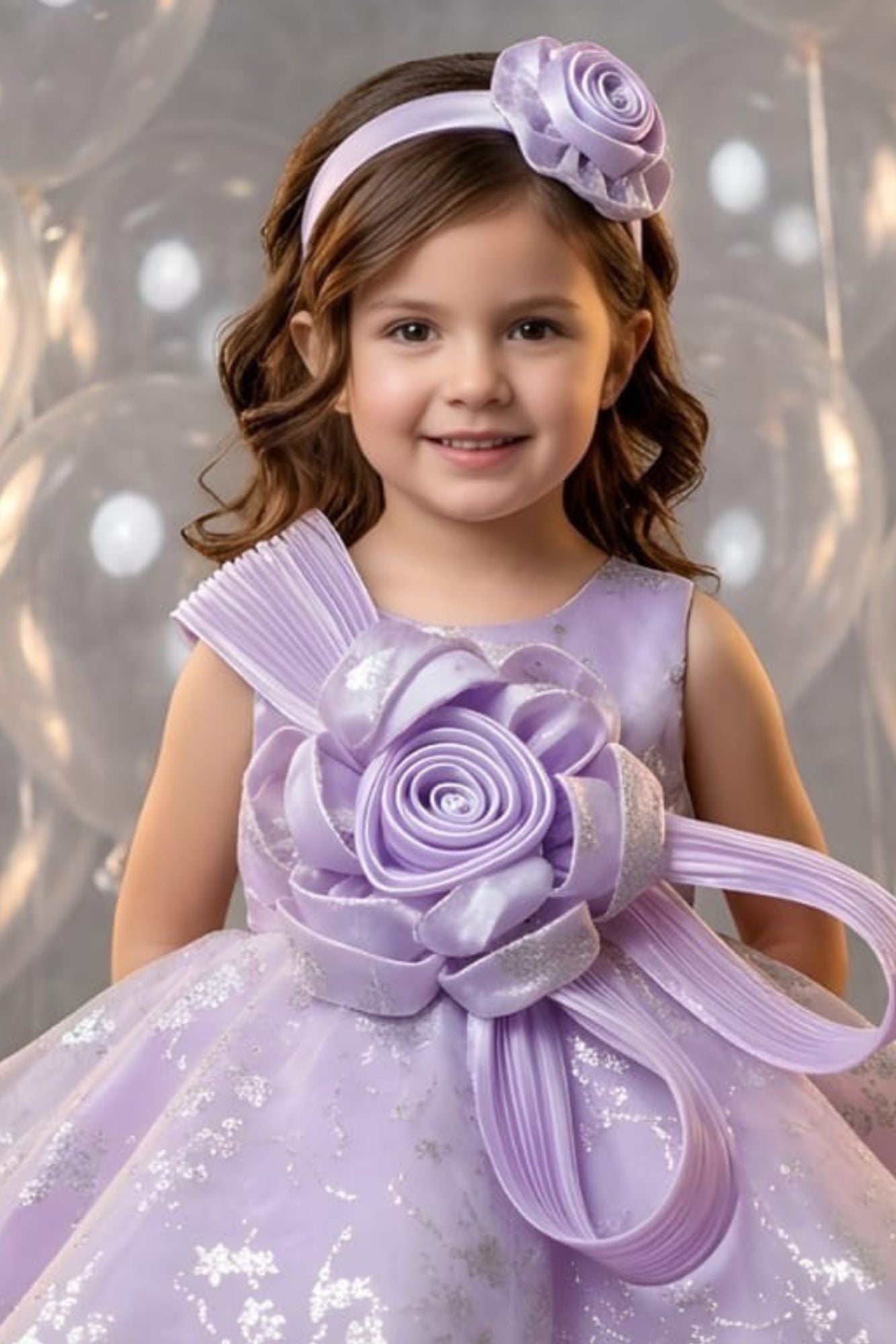 Girls Lavender 3D Floral Party Dress