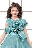 Sea Green Designer Bow & 3D Rosette Party Gown For Girls