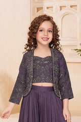 Royal Purple Embroidered Embroidered Palazzo Set With Jacket for Girls
