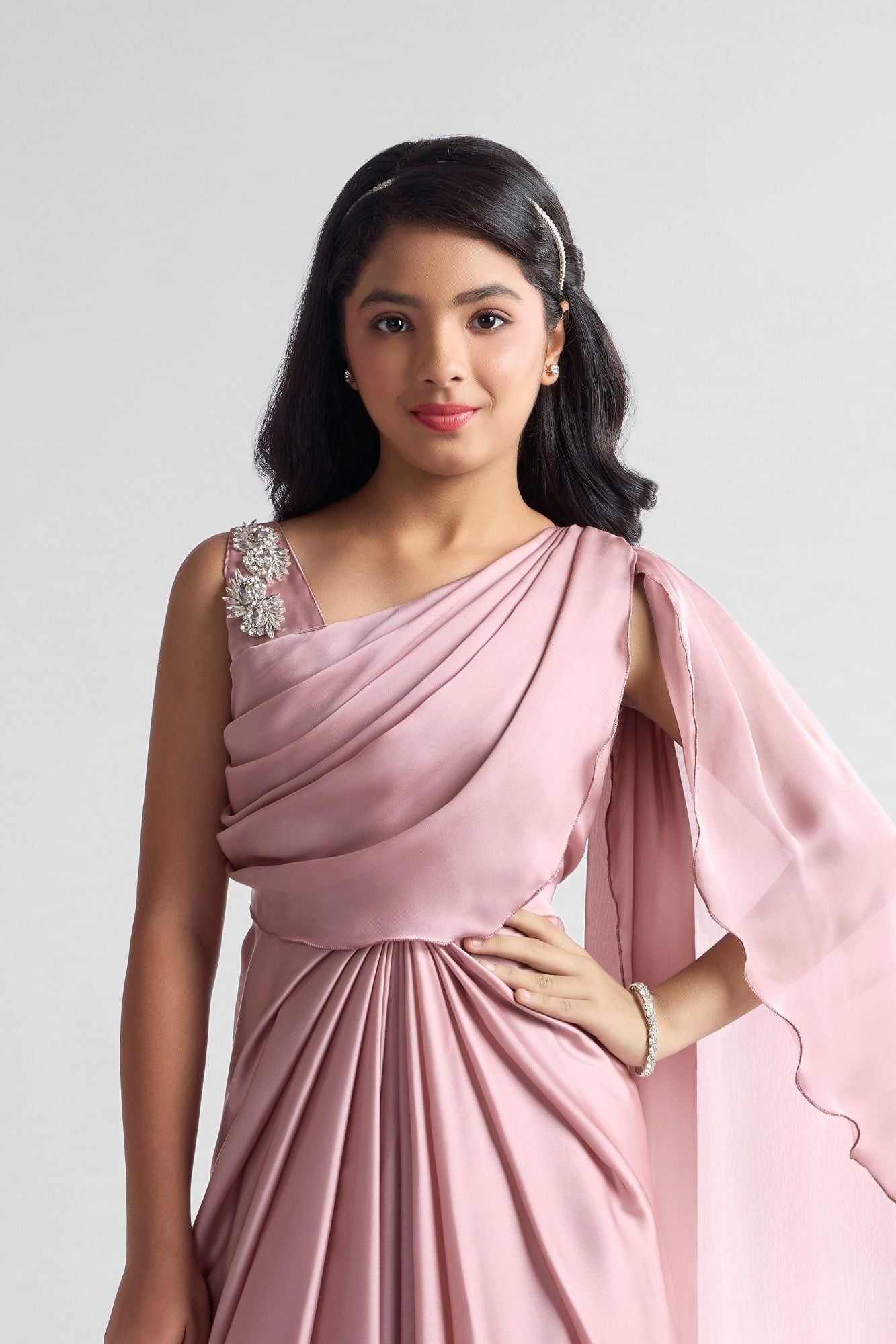 Light Pink Pre-Draped Saree Gown with Embellished Strap For Girls