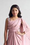 Light Pink Pre-Draped Saree Gown with Embellished Strap For Girls