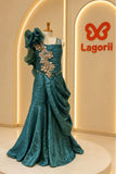 Girls Teal Green Sequin Embellished Draped Sharara Set