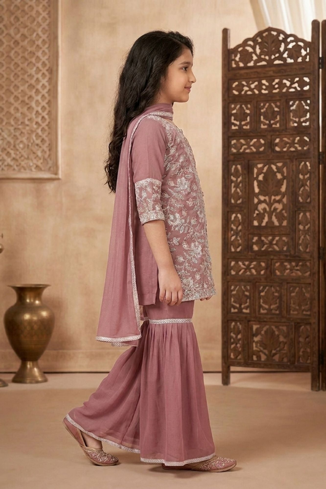 Mauve Thread Embroidered Short Kurti with Sharara and Dupatta For Girls