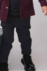 Little Collars Wine Overcoat With Black Tshirt And Pant Set For Boys