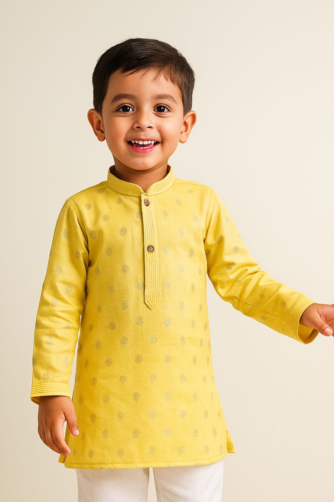 Yellow Printed Kurta Set With White Pants For Boys