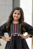 Black Ruffle Tiered Dress with Multicolor Embroidery For Girls