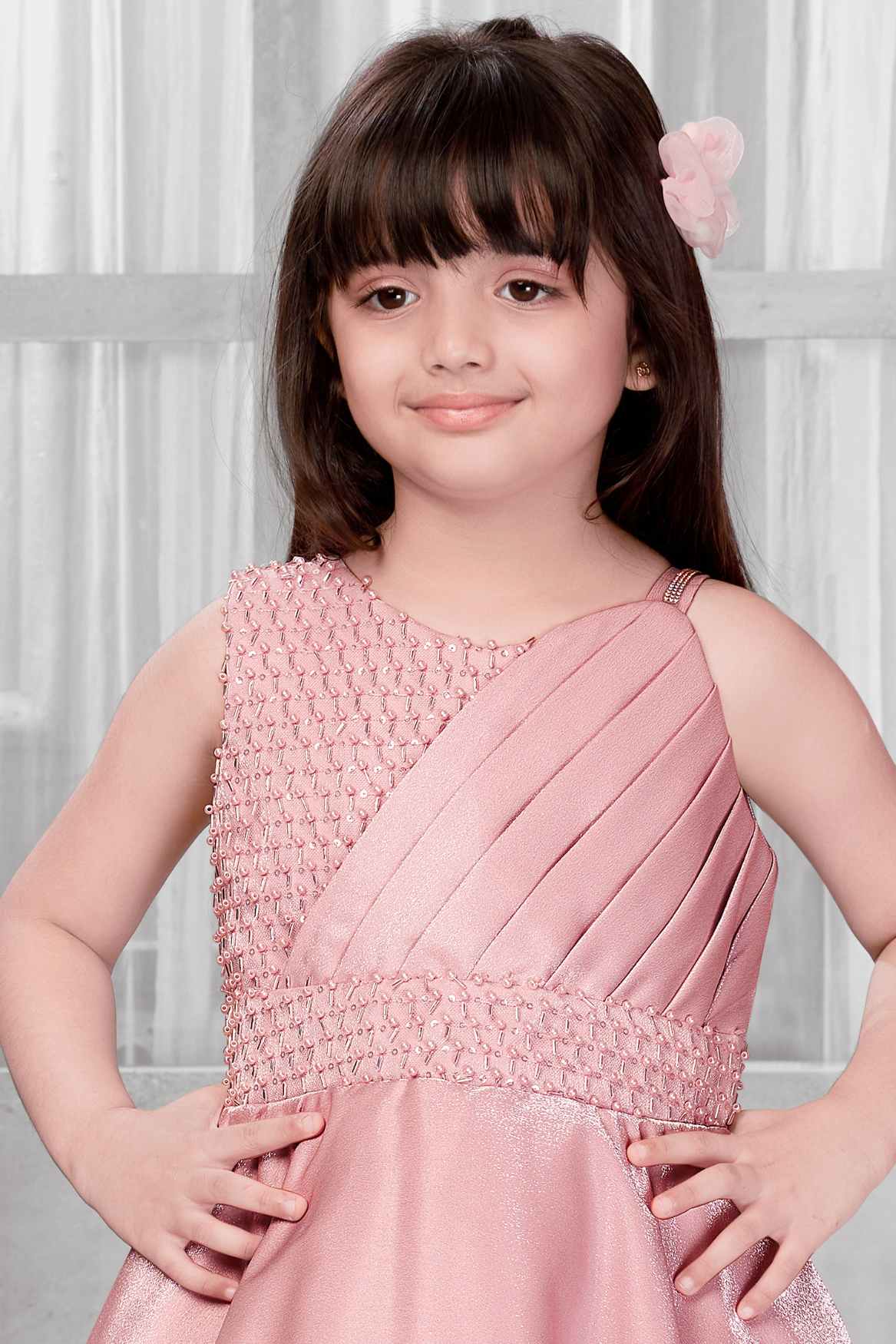 Designer Onion Pink Pearl And Sequin Work Gown For Girls