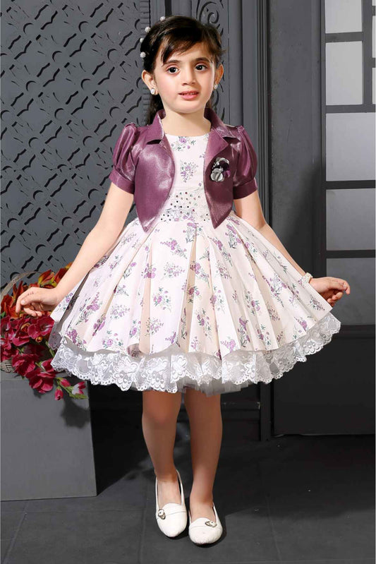 Cream Printed Frock With Puffed Sleeves Overcoat For Girls