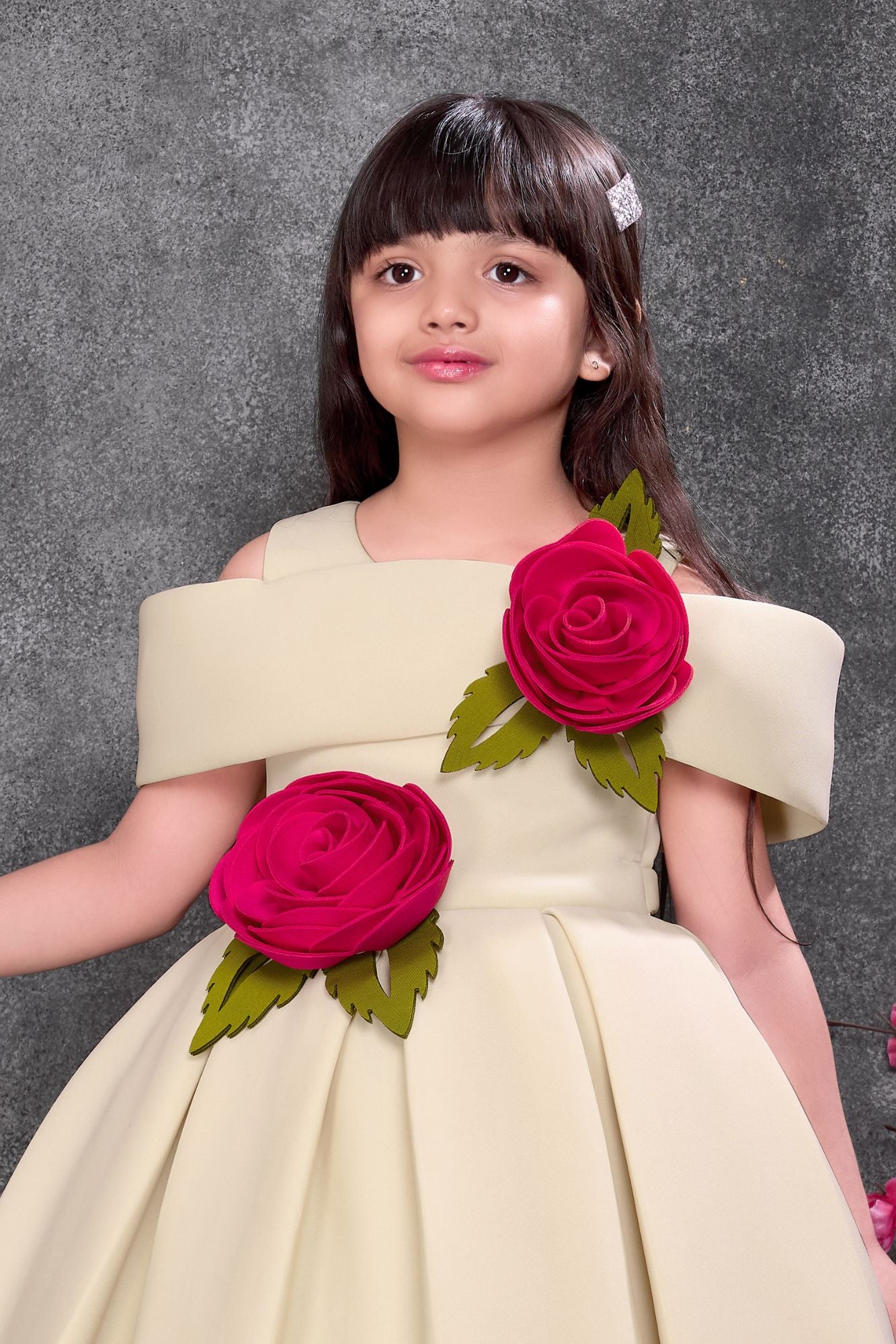 Beige Off-Shoulder 3D Rose Appliqué Party Wear Frock For Girls
