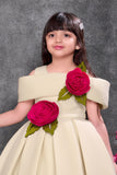 Beige Off-Shoulder 3D Rose Appliqué Party Wear Frock For Girls