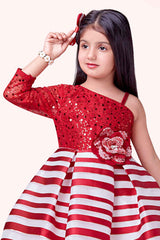 Red Sequin And Floral Embellished Party Wear Frock For Girls