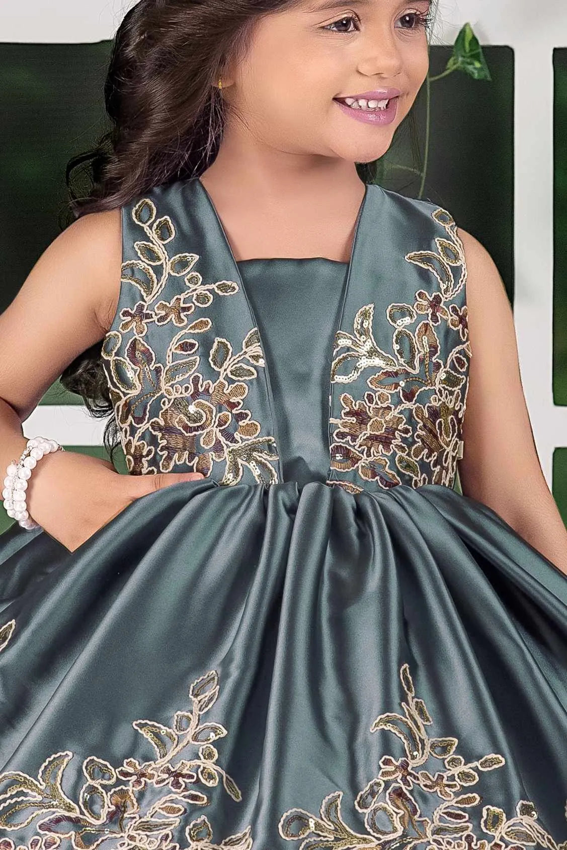 Grey Embroidered Party Frock with Flared Skirt For Girls