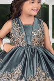 Grey Embroidered Party Frock with Flared Skirt For Girls