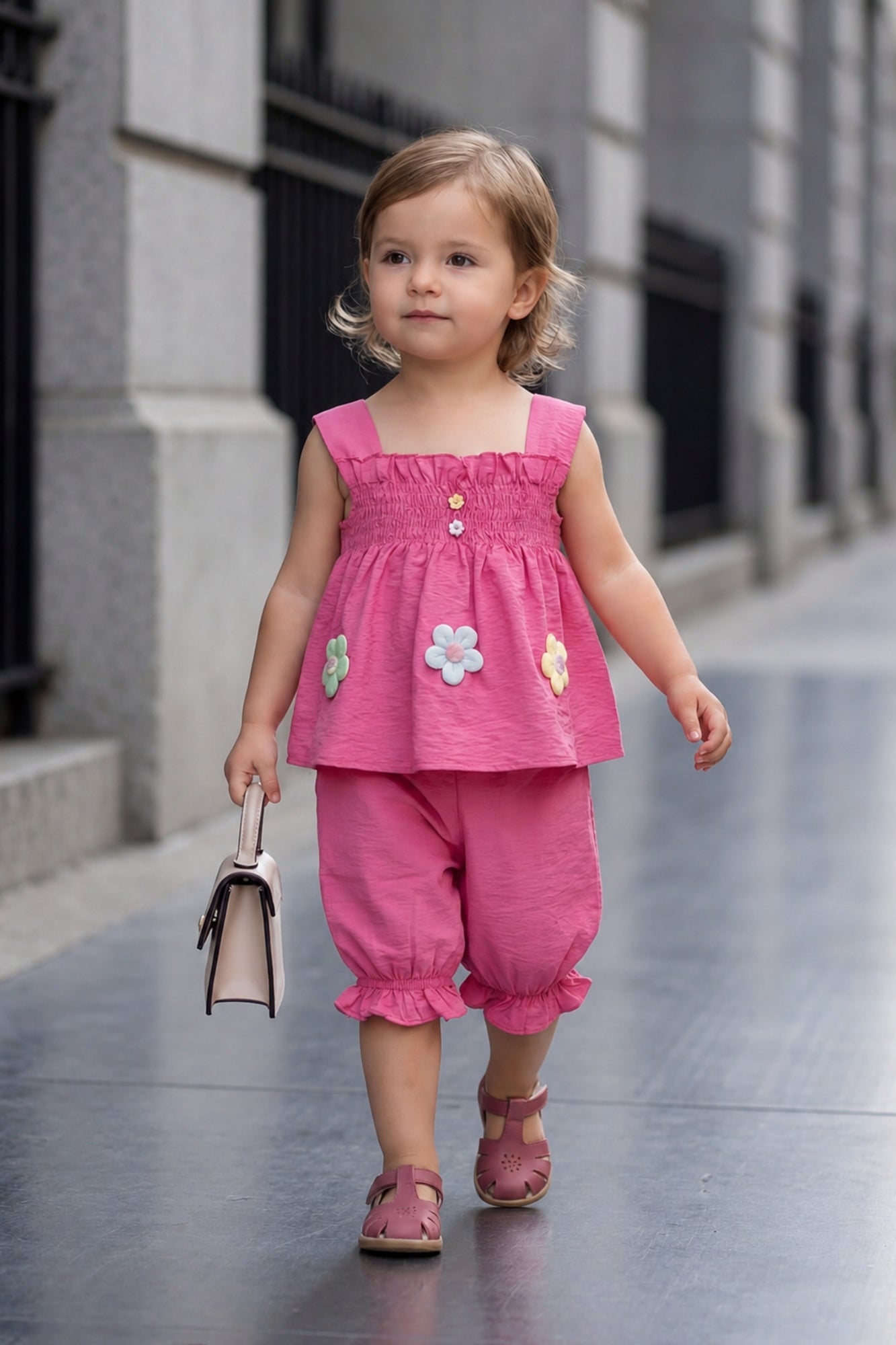Pink Floral Appliqué Top and Capri Co-Ord Set With Floral Applique