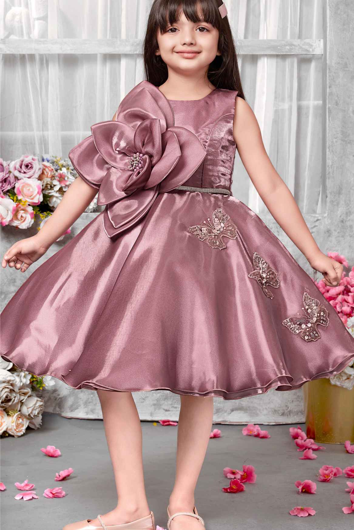 Designer Children Frock Style Dusty Pink Party Frock With Big