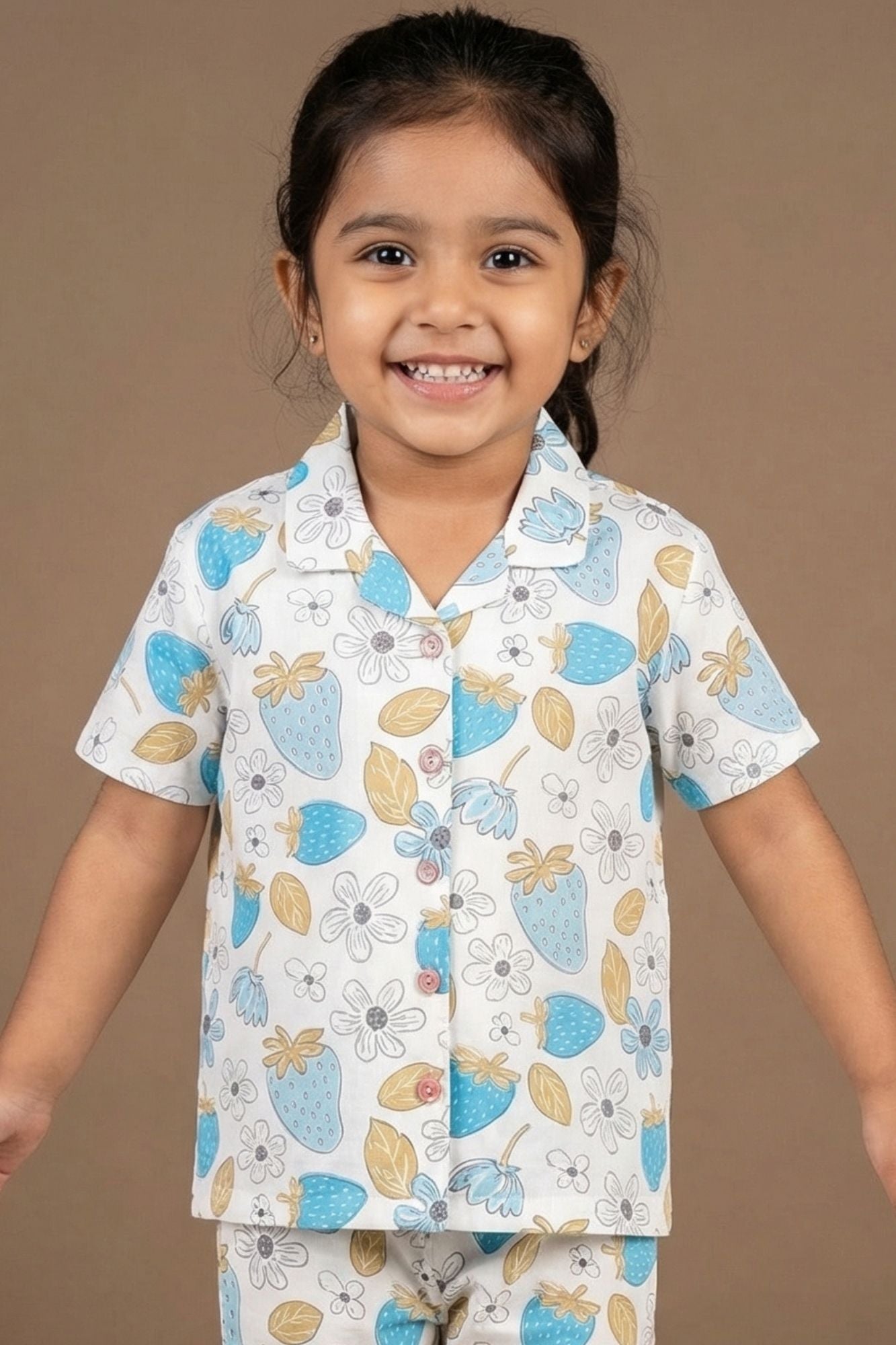 White Strawberry Floral Printed Night Suit Set For Girls