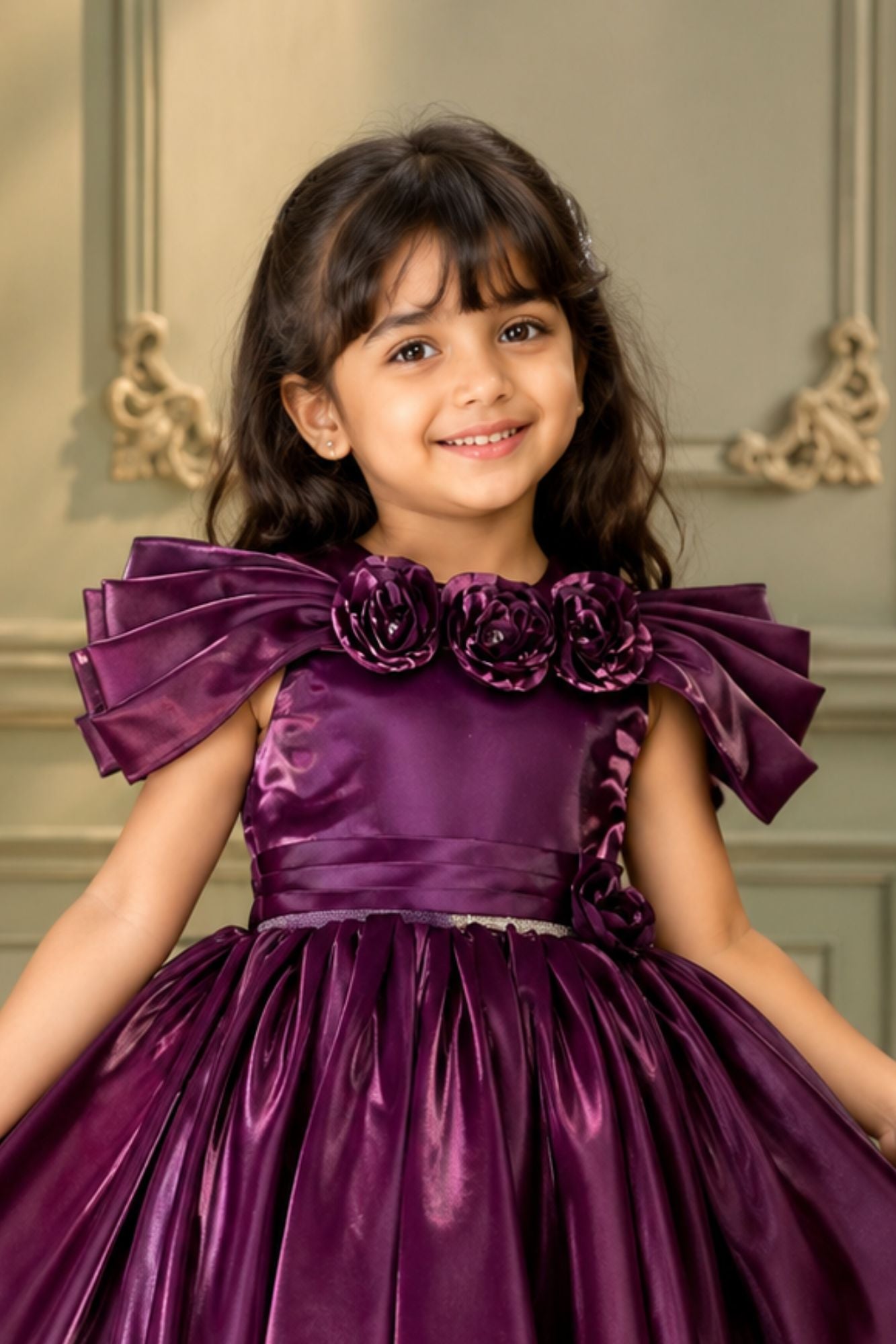 Wine Floral Embellishment With Stone Worked Frock For Girls
