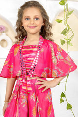 Dark Peach Floral Printed Palazzo Set With Mirror Work Overcoat For Girls