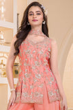 Coral Peach Embroidered Georgette Palazzo Set For Girls
