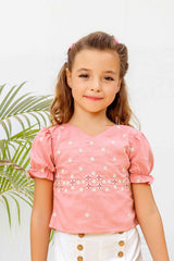 Peach Embroidered Top With White Bottom For Girls