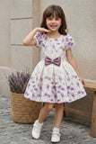 Cream With Lavender Floral Print Party Frock with Satin Bow Waist Accent For Girls