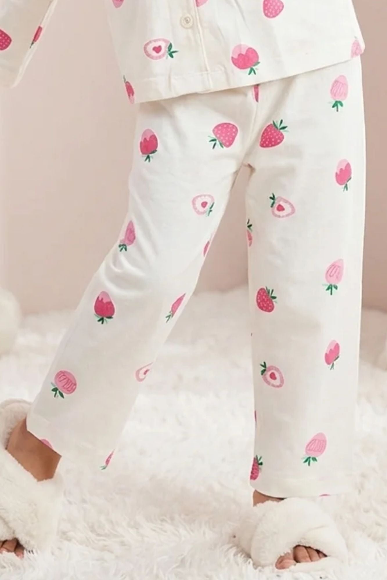 Girls White Strawberry Print  Night Suit Set