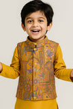 Mustard Yellow Kurta Set With Multicolor Brocade Jacket For Boys