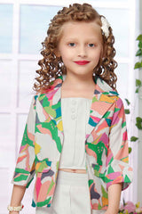 White 3/4th Sleeves And Multicolor Printed Co-Ord Set For Girls