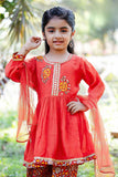Rust Red Embroidered Kurta With Printed Dhoti Pant Set For Girls