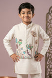 Boys Beige Kurta Pajama Set with Green Floral Printed Nehru Jacket