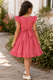 Girls Onion Pink Embroidered Ruffle Sleeve Flared Dress