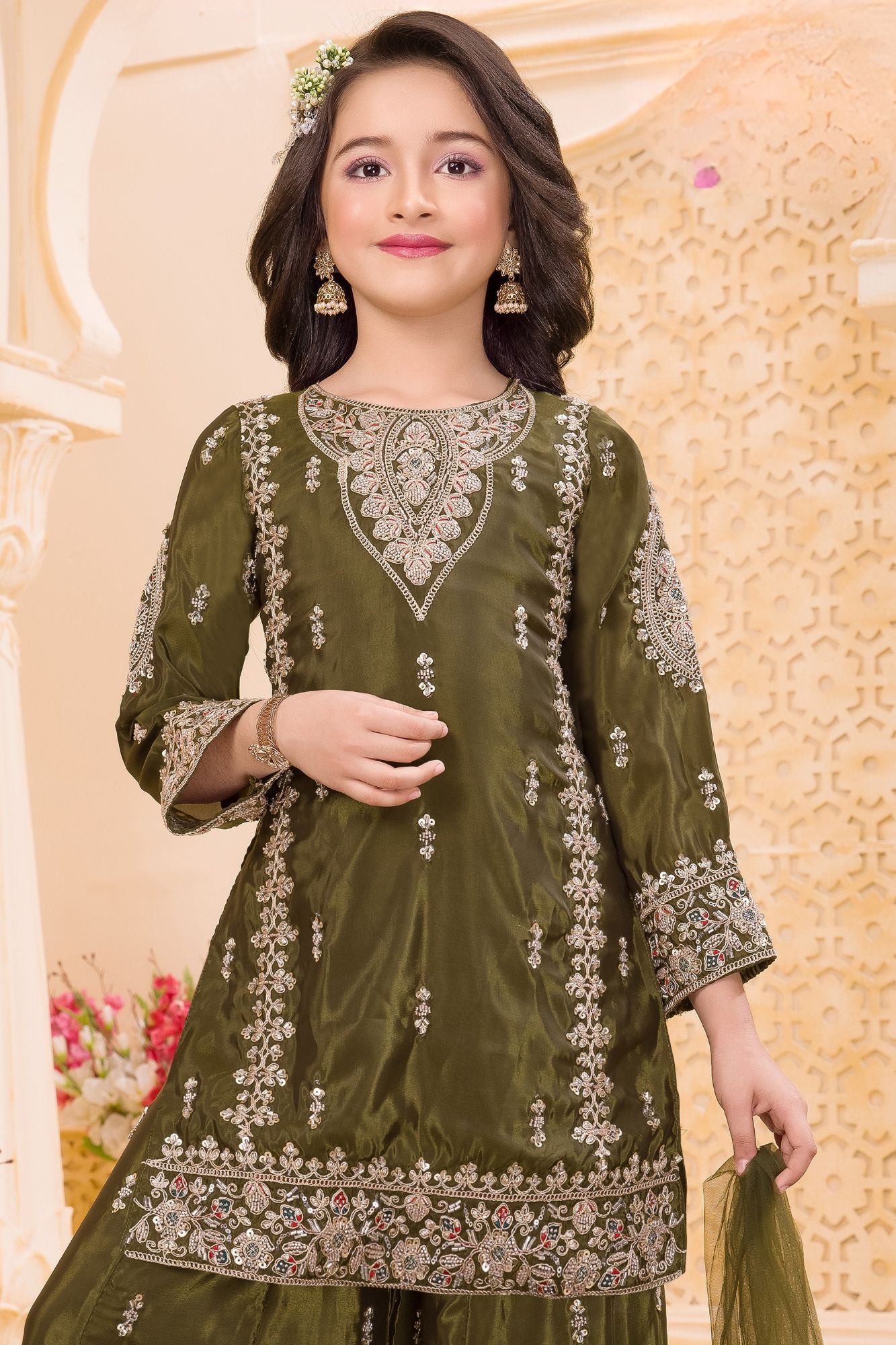 Olive Green Embroidered Palazzo Set for Girls