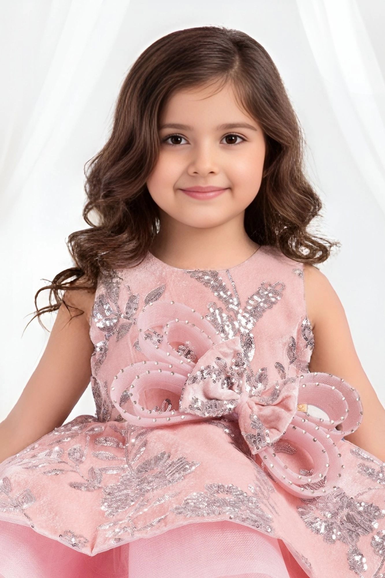 Blush Pink Layered Party Frock with 3D Floral Bow For Girls