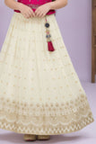 Magenta Embroidered Silk Pattu Pavadai with Puff Sleeves For Girls