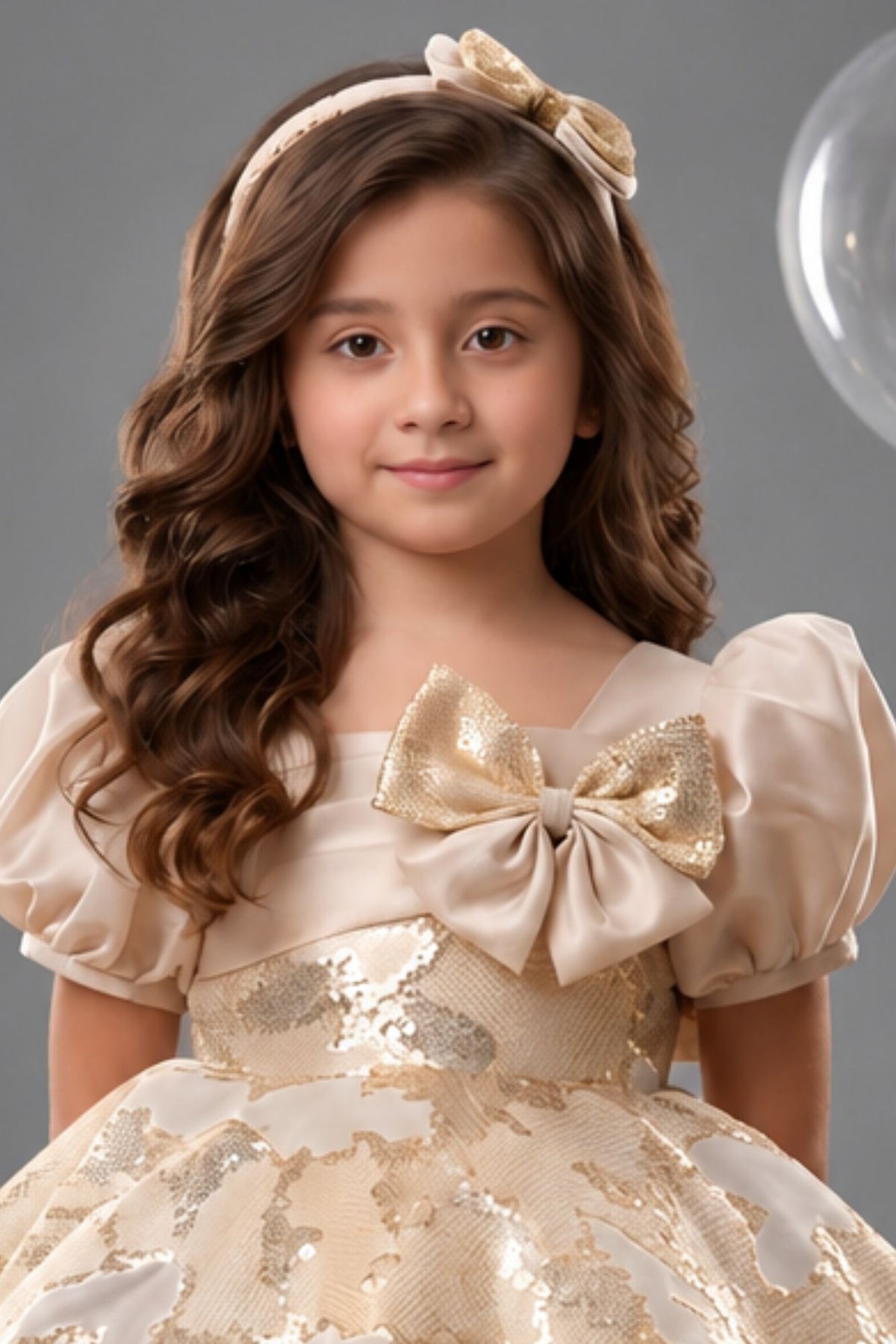 Girls Gold And White Floral  Bow Detail Party Wear Frock