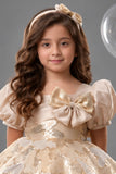 Girls Gold And White Floral  Bow Detail Party Wear Frock
