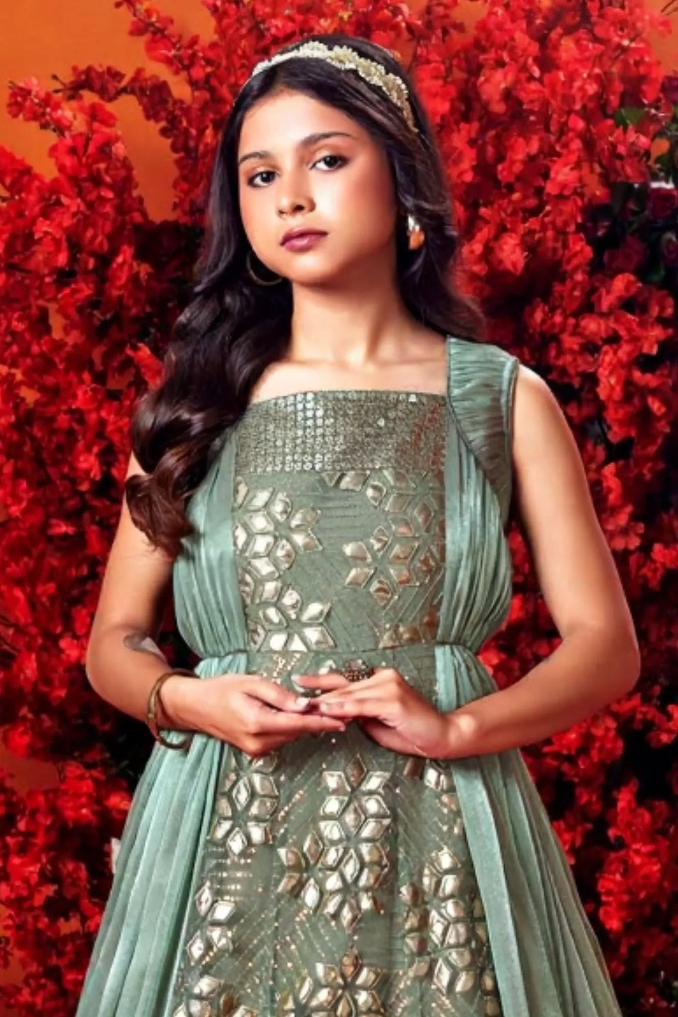 Designer Olive Green Festive Gown with Layered Cape Look For Girls