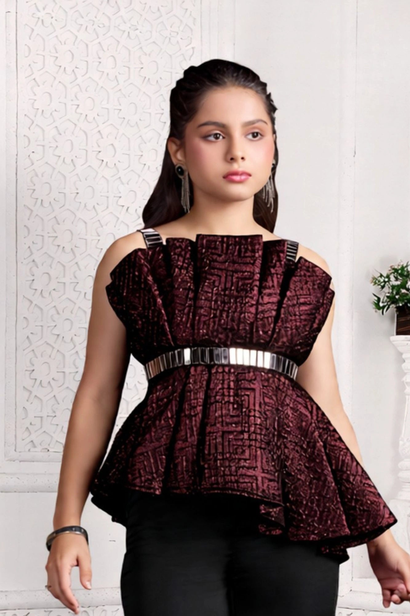 Metallic Maroon Pleated Top with Pants For Girls